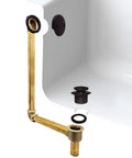 Heavy Duty 17 Gauge Brass Bathtub Drain Assembly Featuring A Tip Toe Drain Closure And Smooth Oil Rubbed Bronze Trim plumbing setup in a tub.