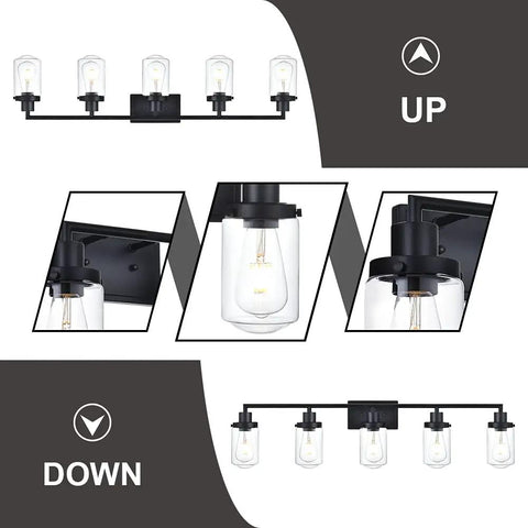 5-Light Vanity Lights Matte Black Finish, Farmhouse Industrial Wall Sconce With Clear Glass Shades For Bathroom Mirror