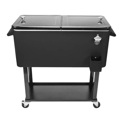Front view of Portable Rolling Patio Cooler With Wheels And Bottle Opener, 80 Quart Beverage Cart for Backyard Parties, in black.