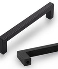 Matte Black Cabinet Handles Set Of 10, 5 Inch Center To Center, Solid Aluminum Square Drawer Pulls, shown uninstalled on white.