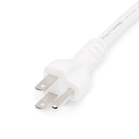 Close-up of a white plug on an Indoor 15 Foot 3 Prong Extension Cord 125V 13A White 2 Pack With 16 AWG, showing prongs and cable detail.