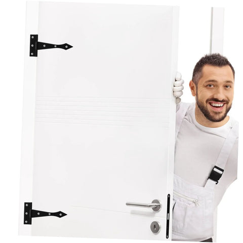 Iron cabinet hinges, black, 8-pack, front view on white door.