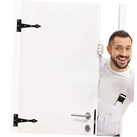 Smiling man holding a door with heavy duty cabinet door hinges visible