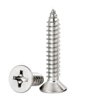 Heavy Duty Three Zero Four Stainless Steel Flat Head Sheet Metal Screws With Phillips Drive Self Tapping Points For Wood And Thin Metal Builds Built Tough For The Job Site No Nonsense Hardware Packaged In Twenty Pieces, showing flat head and screw detail.