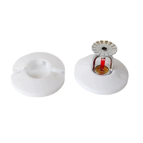 Ace Concealed Fire Sprinkler Cover Plates With Flush Mount Drywall Ceiling Decorative Head Enclosure Shell For A Slick New Smoke Detection Setup In A 5 Piece Bundle, showing two white plates with a silver sprinkler.