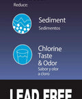Infographic showing Go-To High Capacity Twenty Thousand Gallon Inline Water Filter reducing sediment and chlorine taste, lead free.