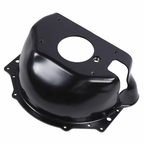 Lightweight Bell Housing For Small Block Chevy SBC Race Ready Transmission Bell Housing With 4.675 Inch Bearing Retainer Fits 153 And 168 Tooth Flywheels 650 400, features angled view of black metal housing with multiple bolt holes.