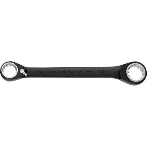 Heavy Duty Ratcheting Spline Wrench Double Box Three Quarters Inch By Seven Eighths Inch With Black Chrome Finish For High Torque Fasteners