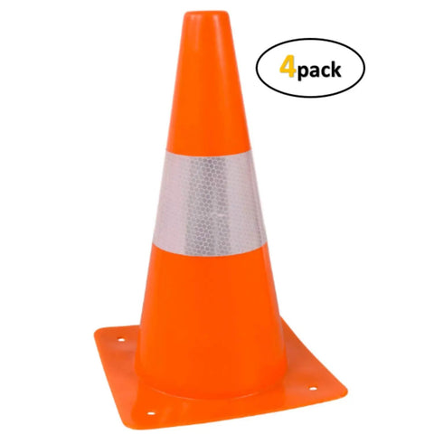Four Pack 12 Inch Orange Safety Cones With Reflective Strips, Heavy Duty Plastic Traffic Barriers For Distancing, Parking Lots