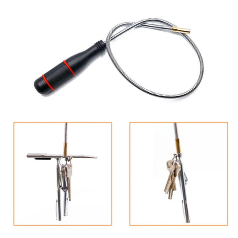 Three Pack Telescoping Magnetic Pickup Tool Set With A 15 Lb Magnet Reach From 7.2 To 30.7 Inches Plus An Extendable 1 Lb Magnet From 4.5 To 19.5 Inches And A 24 Inch Flexible Bendable Magnet Sweep Retriever For Easy Hidden Object Retrieval shown with flexible bendable design and keys attached.
