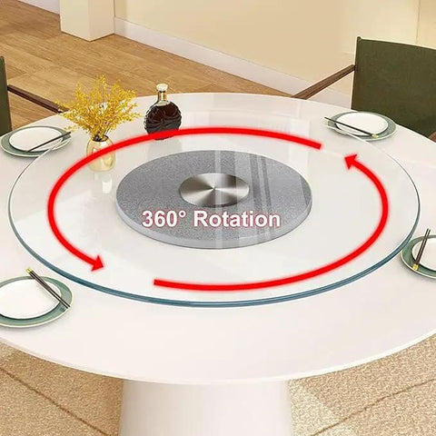 Dang Solid Heavy Duty Tempered Glass Lazy Susan Turntable For Family Dinners And Backyard Hangouts Killer Smooth Rotating Serving Tray with 360° rotation on a table.