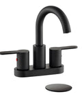 Must Have Matte Black Two Handle Centerset Bathroom Sink Faucet With Pop Up Drain High Arc 4 Inch Vanity Lavatory For 3 Hole Install Brass 360 Degree Swivel Spout Durable Ceramic Cartridge cUPC NSF61 CEC Certified, front view