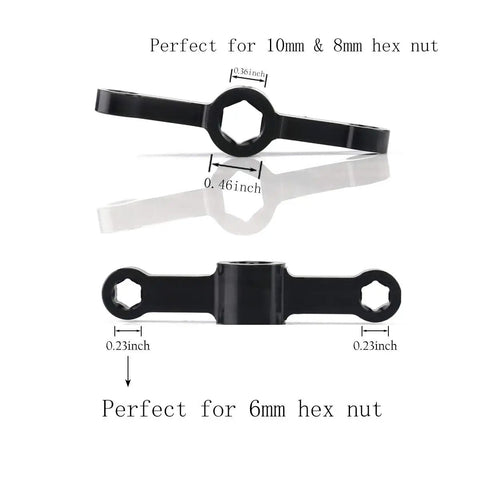 Black quick release wrench for 10mm, 8mm, and 6mm hex nuts from 20Pcs M5 Motor Screw Nut Flange Set With Propeller Adapters And Quick Release Wrench CW CCW For RC FPV Racing Drones 2204 2205 2306 Motors Aluminum Alloy Lightweight Pro Grade Strength Build Must Have