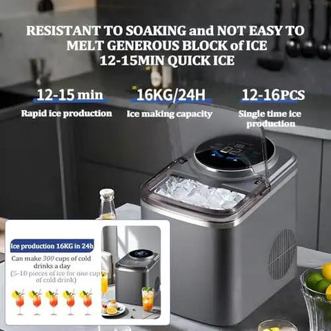 Countertop Ice Maker Machine Featuring Snappy Touchscreen Interface producing 16 cubes in 12 minutes with quick ice production.