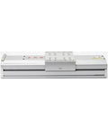 Heavy Duty 140 Millimeter Wide Ball Screw Slide Linear Motion Actuator Featuring Dual Rail Slick Travel with aluminum body.