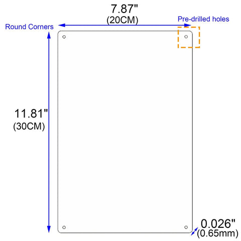 Diagram of Dope Pearl White Aluminum Sublimation Blanks 200x300x0.65mm with 4 drilled holes, showing dimensions and predrilled holes.