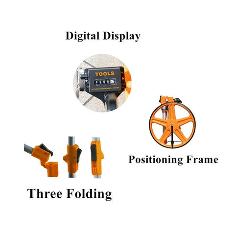 Go-To Measuring Wheel Portable Three Fold 13 Inch Wheel For Distance And Surveying Measures Up To 9,999.9 Feet Durable ABS Body With Wear Resistant Rubber Handy Orange digital display and folding frame