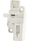 Close-up of white plastic door lock replacement for washing machine fits WW90K74150OX and WW90K7415, plug play install.