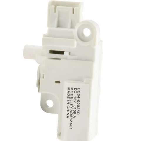 Close-up of white plastic door lock replacement for washing machine fits WW90K74150OX and WW90K7415, plug play install.