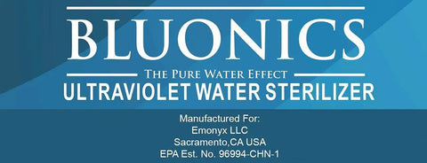 Bluonics ultraviolet water sterilizer label with manufacturer details for UV Ballast For 55W Ultraviolet Water Sterilization System.
