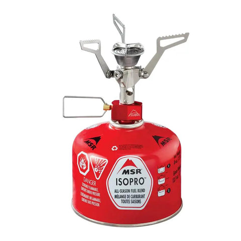 Ultralight Folding Camping Stove That Fits In Your Pocket compact on red fuel canister, adjustable flame control.