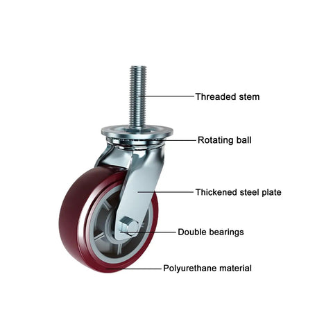 Tough As Nails 8 Inch Swivel Pu Caster Wheels With M20 Stem And Rubber Brake 4 Pack detailed view showing threaded stem and polyurethane material.