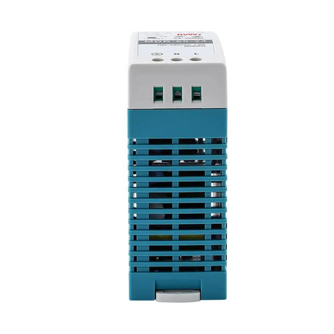 Front view of MDR 60 24 24V DC DIN Rail Power Supply 2.5A 60W showing blue and white industrial-grade enclosure.