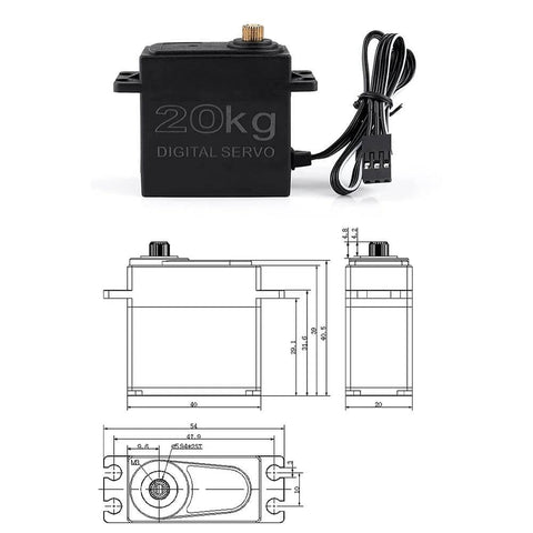 20Kg digital servo with wiring, diagram showing dimensions and layout for 1/8 and 1/10 scale RC cars and boats.