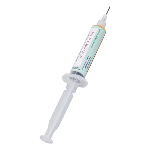 Close-up of a single syringe of Precise Syringe Type Flux for PCB Soldering RMA 223 Easy Tinning Paste, Pro Grade