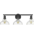 Three Light Bath Vanity Fixture In Black With Dope Industrial Vibe, Damp Location Rated For Bathrooms, clear glass shades