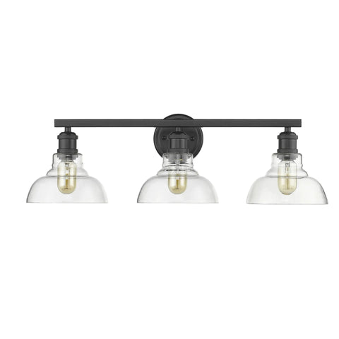 Three Light Bath Vanity Fixture In Black With Dope Industrial Vibe, Damp Location Rated For Bathrooms, clear glass shades