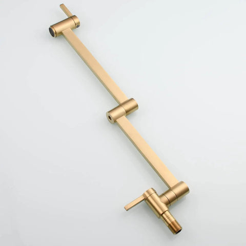 Brushed Gold Wall Mount Pot Filler Faucet With Folding Reach And Brass Construction Sixteen Point Seven Inch Extension Single Hole Install For Hot Or Cold Water Fast Fill Near Stove Easy Reach Kitchen Upgrade.