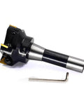 Side view of OSCARBIDE indexable end mill with R8 shank, 3-inch cutting diameter, five carbide inserts, and hex key.