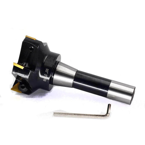 Side view of OSCARBIDE indexable end mill with R8 shank, 3-inch cutting diameter, five carbide inserts, and hex key.