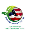 Logo with American flag and text 'Proudly Made in the USA. Earth-Friendly Materials & Processes.'