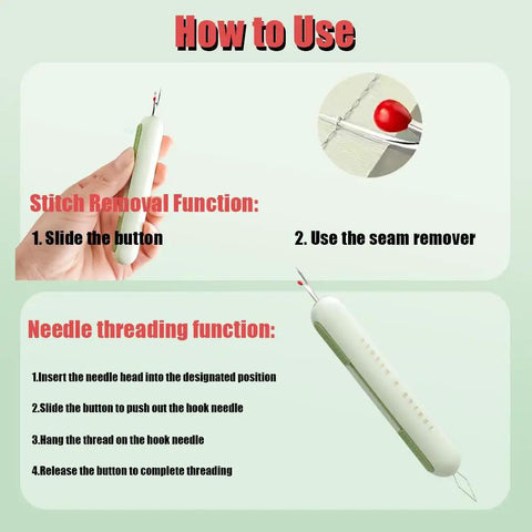 Two-In-One Sewing Needle Threader And Seam Ripper, Versatile Tool For Sewing, Quilting, Embroidery And Crafts, Green, usage guide