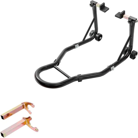 Beefed Up Heavy Duty Rear Wheel Lift Motorcycle Stand Up To 850 Lbs With UL Fork Combo Swingarm Spool Paddock Stand, black frame.