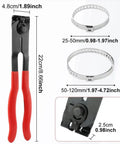 CV Boot Clamp Pliers Kit With 10 Stainless Steel Clamps Universal Adjustable Drive Shaft Crimp Pliers image showing pliers and clamp sizes