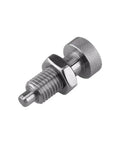 Top Shelf Stainless Steel Spring Plunger Featuring A Knurled Grip Knob And Self Locking Design For Effortless Retraction Includes An M16 Mounting Screw And Nut For Heavy Duty Applications That Will Stand The Test Of Time - Close-up view of the stainless steel spring plunger with knurled grip knob.