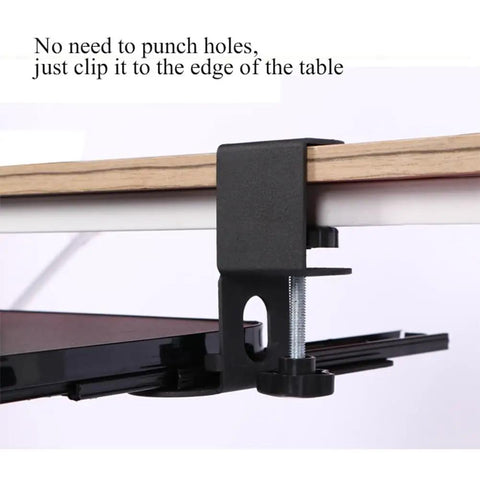 Rock Solid Retractable Keyboard Tray With Slick Pull Out Action For Effortless Typing And Plenty Of Mouse Space Totally Clutter Free Under Desk Office Essential Black clamp securing tray to desk edge