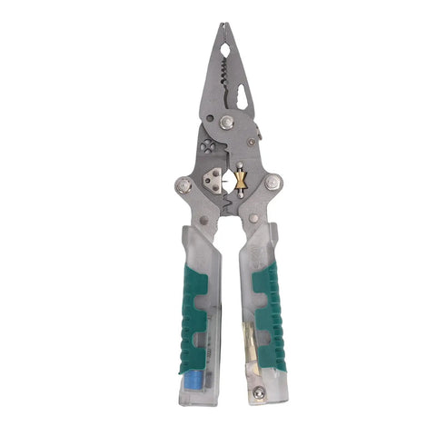 Get 8.8 Inch Folding Wire Stripper Pliers With Built-in Voltage Tester And Screwdriver, compact design with metal jaws and grips.