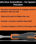 Dzus Screwdriver for Countersunk Heads Quick Turn Quarter Turn Panel Fastener Tool With Ergonomic Evox Handle shown with features listed