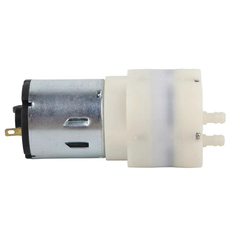 Smooth Operator Mini Vacuum Pump DC12V Low Noise Electric Air Motor side view showing metal and plastic construction for home use.