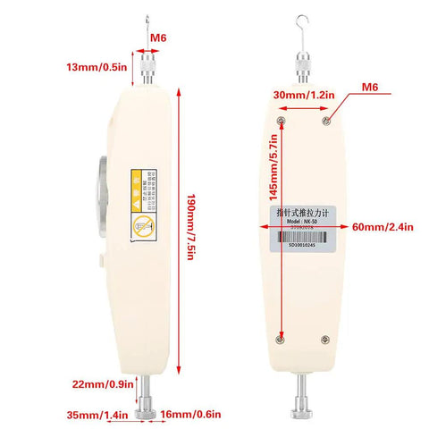 50N Analog Dynamometer Force Tester Push Pull Gauge Meter Handheld Design Mountable on Workbenches for Electronics Hardware and Auto Parts Industries Today, side and rear view with dimensions