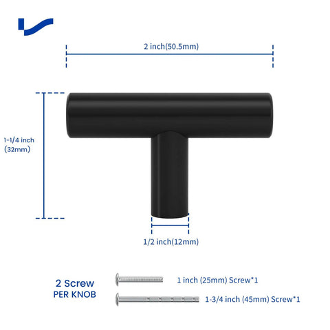 12 Pack Black Cabinet Knobs for Drawers and Cabinets, 2 Inch Single Hole, Includes 1 Inch and 1.77 Inch Mounting Screws, Easy Install, Individually Wrapped, Durable Modern Hardware for Quick Update, black T-bar knob with 2-inch size and screws