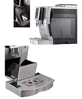 Fully Automatic One Touch Coffee Maker Bean To Cup Espresso Machine For Home Office Adjustable Silent Grinder Detachable Tank Super Easy Cleanup showing the machine's grinding compartment and drip tray.