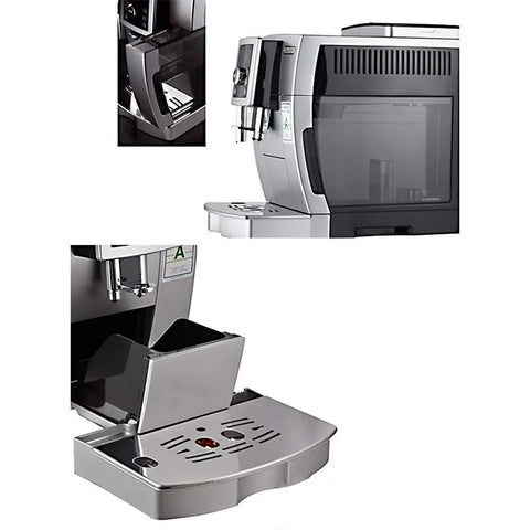 Fully Automatic One Touch Coffee Maker Bean To Cup Espresso Machine For Home Office Adjustable Silent Grinder Detachable Tank Super Easy Cleanup showing the machine's grinding compartment and drip tray.