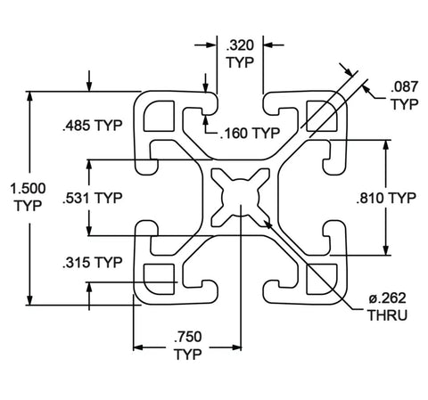Dimensioned diagram of Hella Sturdy 1.5 Inch T Slotted Aluminum Extrusion Rail With Slick Black Anodized Finish.
