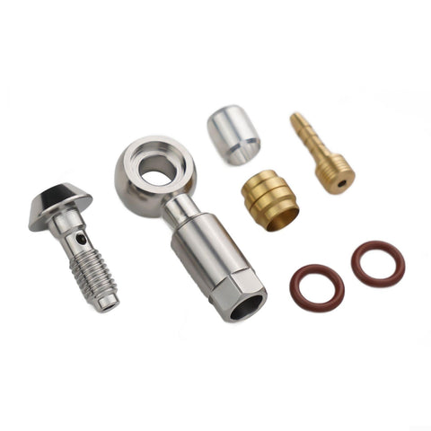 Pro Grade Metal Hydraulic Banjo Fitting For Mountain Bike Disc Brake System MT4 MT5 MT6 MT7 MT8 Leak Free Connection Easy Install Repair Part For Hydraulic Hose components with visible fittings and rings.