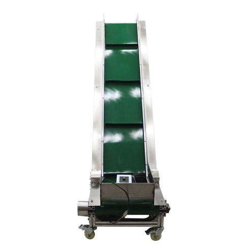 Front view of Electric Inclined Climbing Conveyor Belt With Baffle, Heavy Duty Industrial Belt Conveyor System, Aluminum PVC Belt